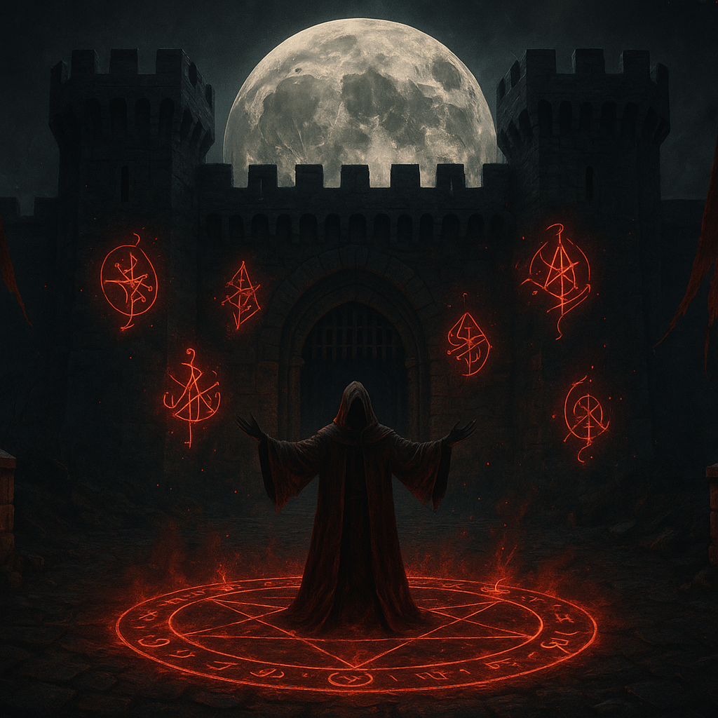 A robed sorcerer channels forbidden magic over a blood-red summoning circle beneath a full moon
